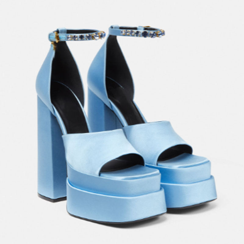 Damen Plattform Peep-Toe High Heels mit Strass Knöchelriemen WW