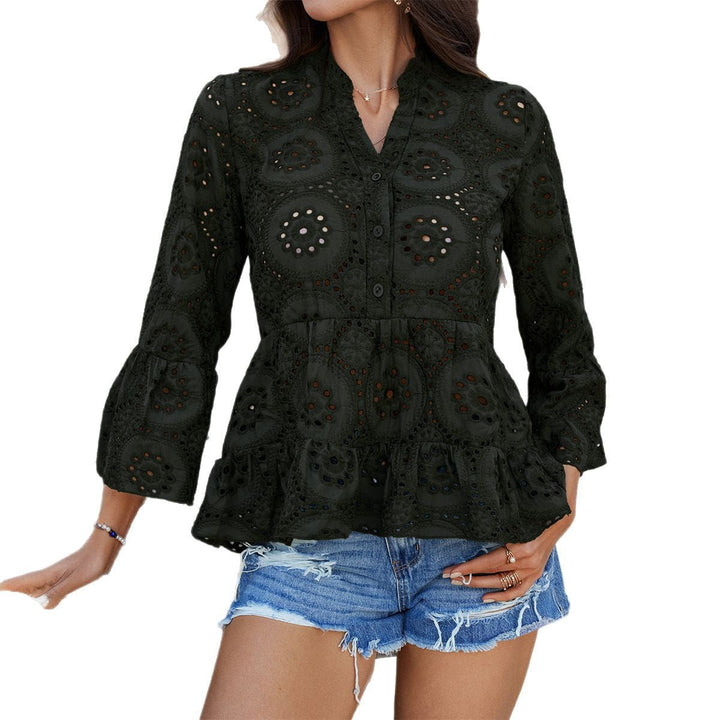 Damen Spitzenbluse mit Rüschensaum und Knopfleiste W&W Mode