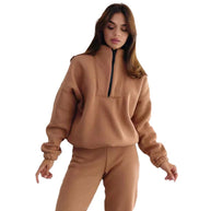Damen Sportlicher Fleece-Traininganzug mit halbem Reißverschluss und elastischen Bündchen WW