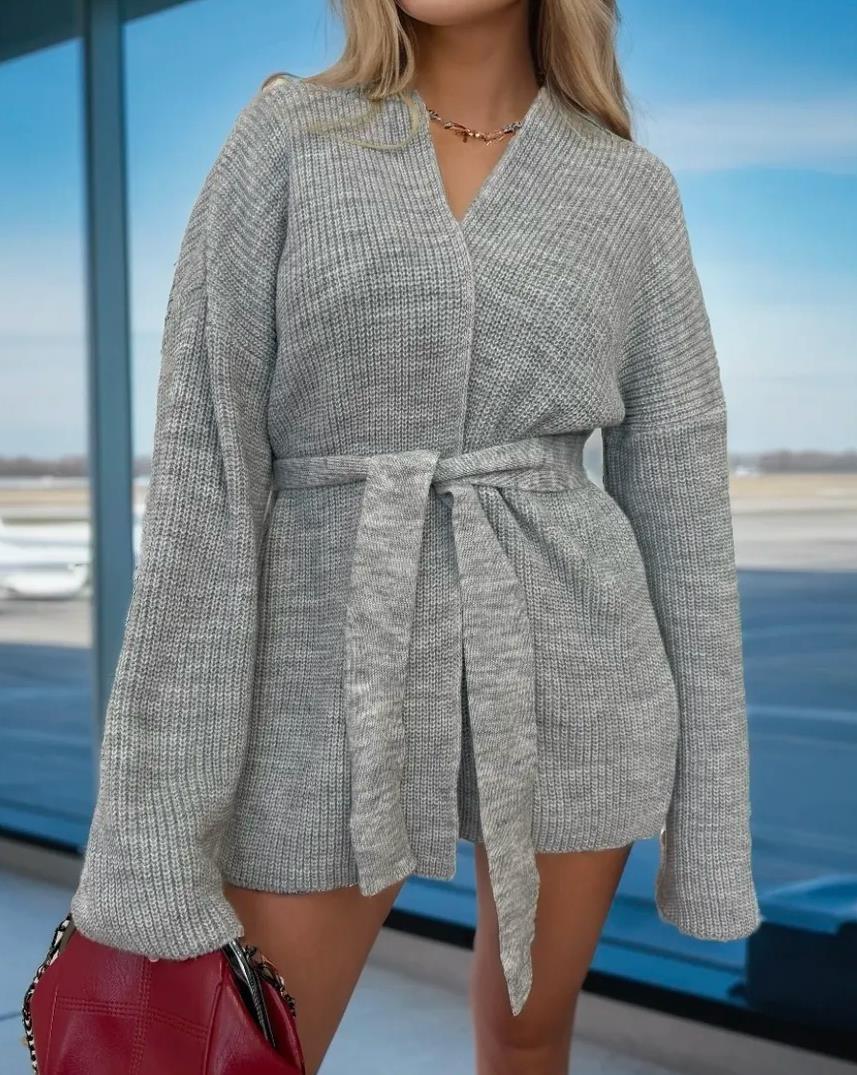 Damen Strickjacke mit Bindegürtel und weit geschnittenen Ärmeln WW