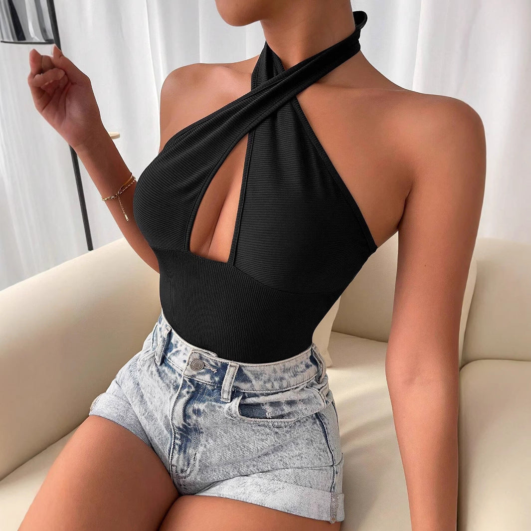 WW | Cross Hollow Out Halter Bodysuit