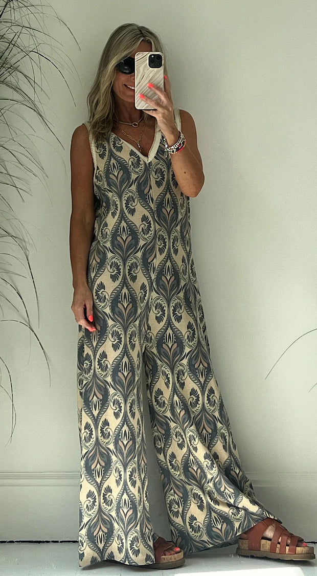 Damen Jumpsuit mit weitem Bein und elegantem Blattmuster WW