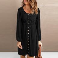 Damen knielanges Kleid mit Knopfdetails und elastischem Taillenzug WW