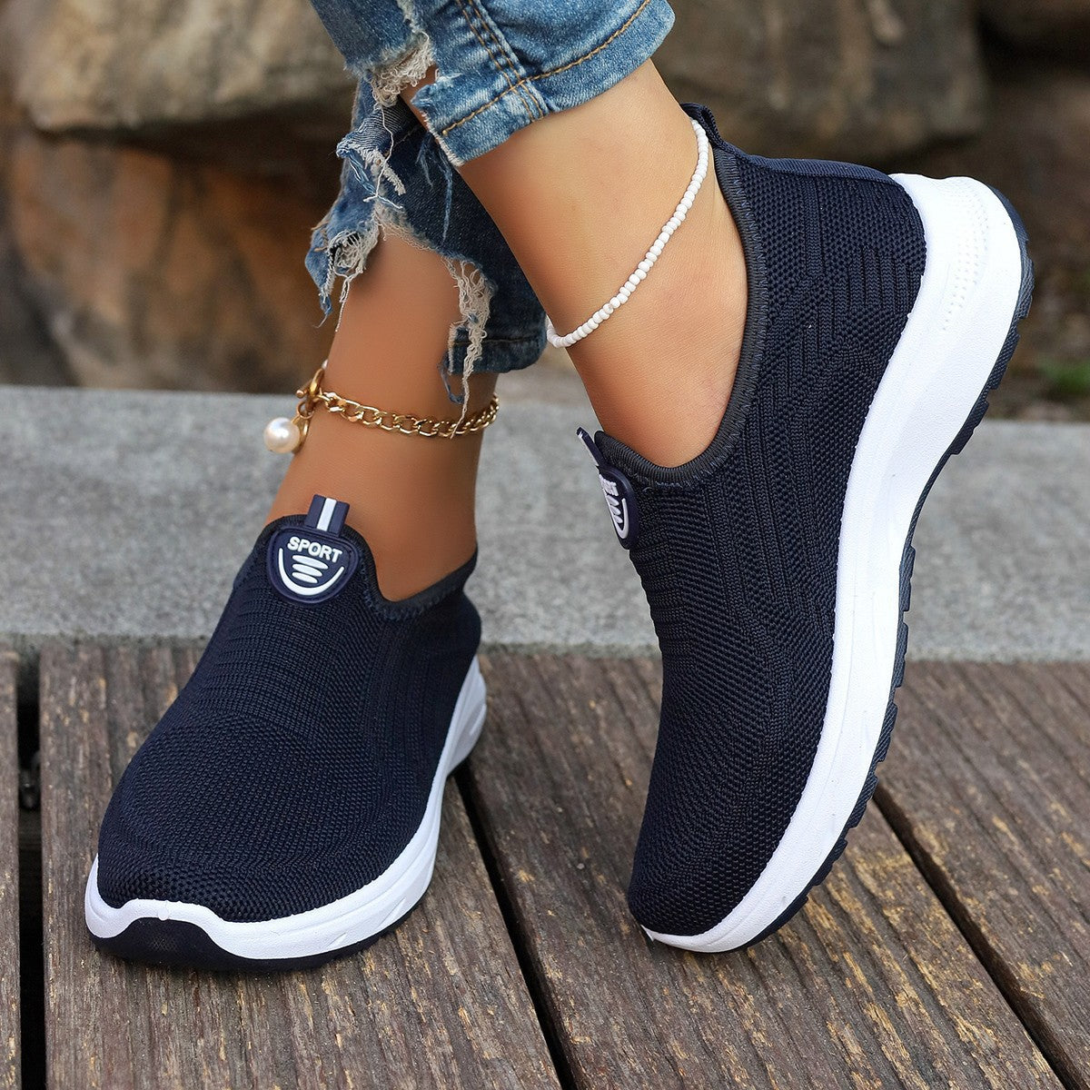 Damen Leichte Slip-On Sport Sneakers mit atmungsaktivem Strickobermaterial WW