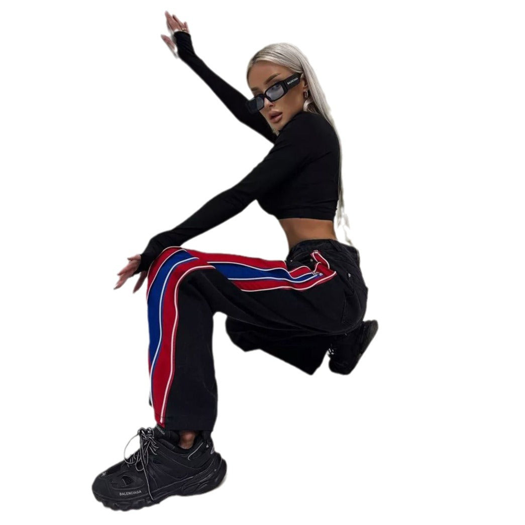Damen Sportliches Crop-Top mit langen Ärmeln und farbigen Seitenstreifen WW