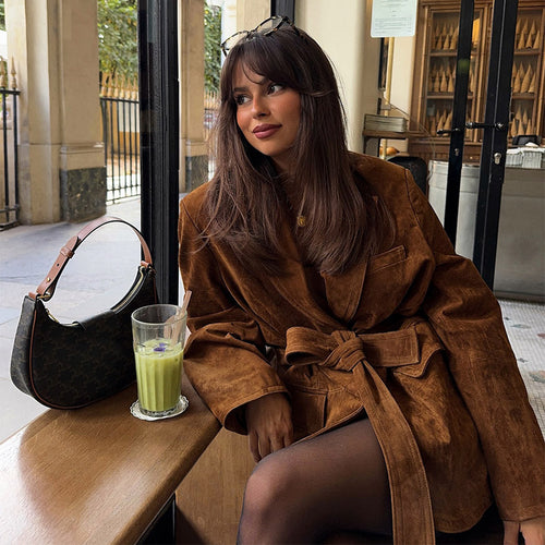 Damen Samt Blazerjacke mit Gürtel und eleganter Passform WW