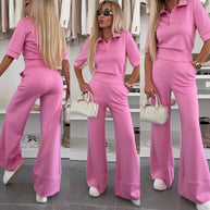 Damen sportliches Lounge-Set mit schicker Polo-Kragen und weitem Bein WW