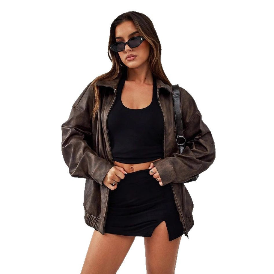 Damen Sportliche Oversized-Lederjacke mit praktischen Taschen und elastischem Saum WW