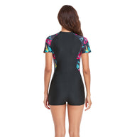 Damen Sportlicher Schwimmanzug mit kurzen Ärmeln und durchgehendem Reißverschluss WW