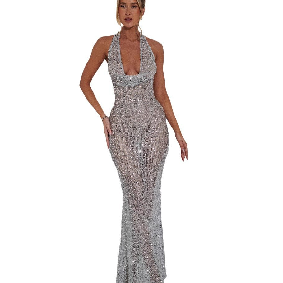 Damen Abendkleid mit glamourösem Paillettenbesatz und elegantem V-Ausschnitt WW