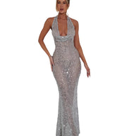 Damen Abendkleid mit glamourösem Paillettenbesatz und elegantem V-Ausschnitt WW