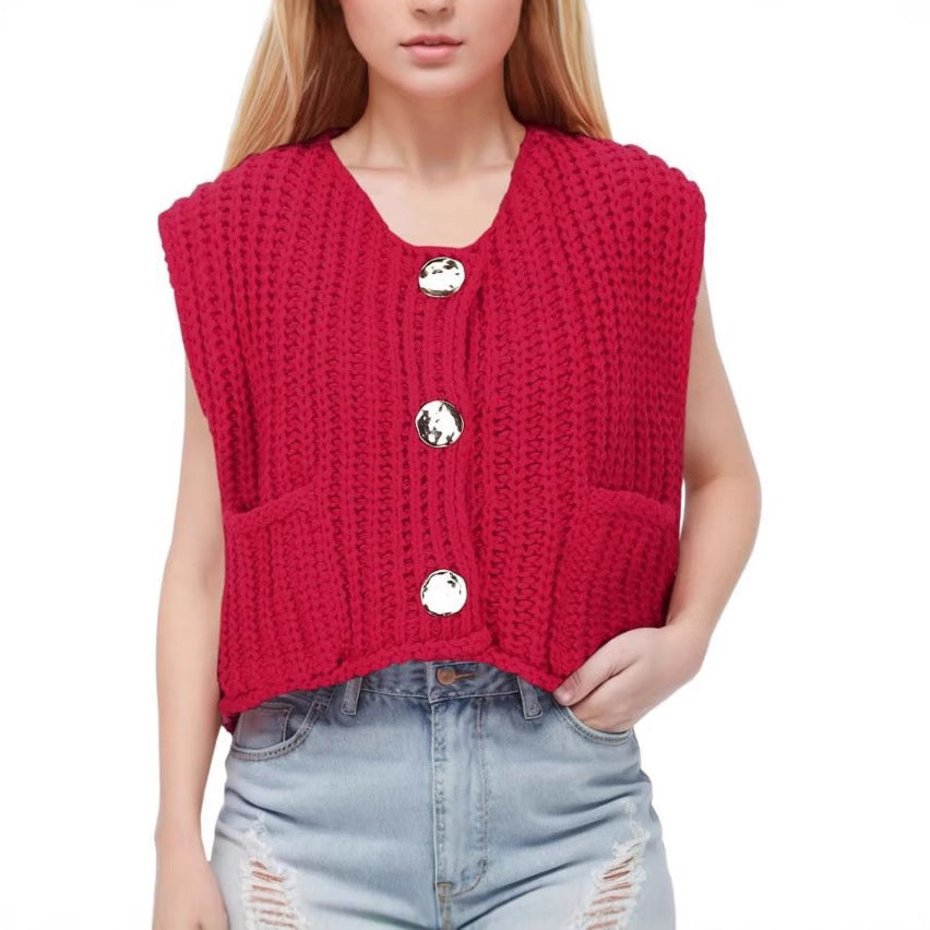 Damen Strickweste mit praktischen Taschen und dekorativen Holzknöpfen WW