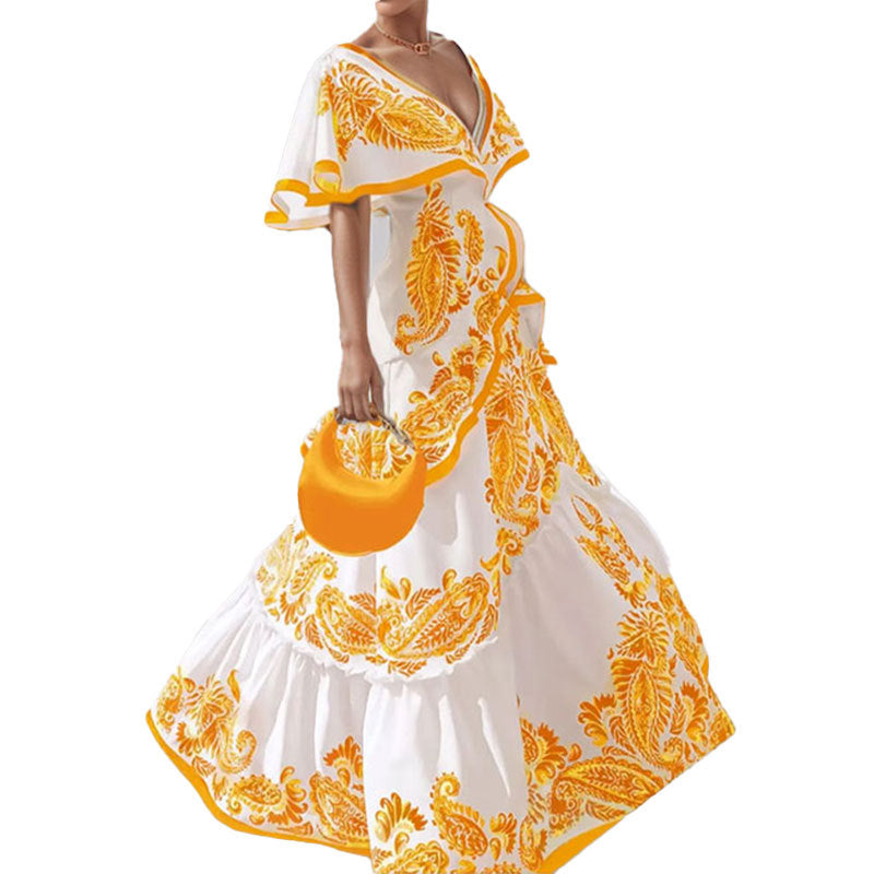 Damen Maxikleid mit verspieltem Rüschenrock und floralem Design W&W Mode