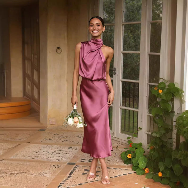 Damen Maxi-Kleid mit asymmetrischem Oberteil und fließendem Satin WW