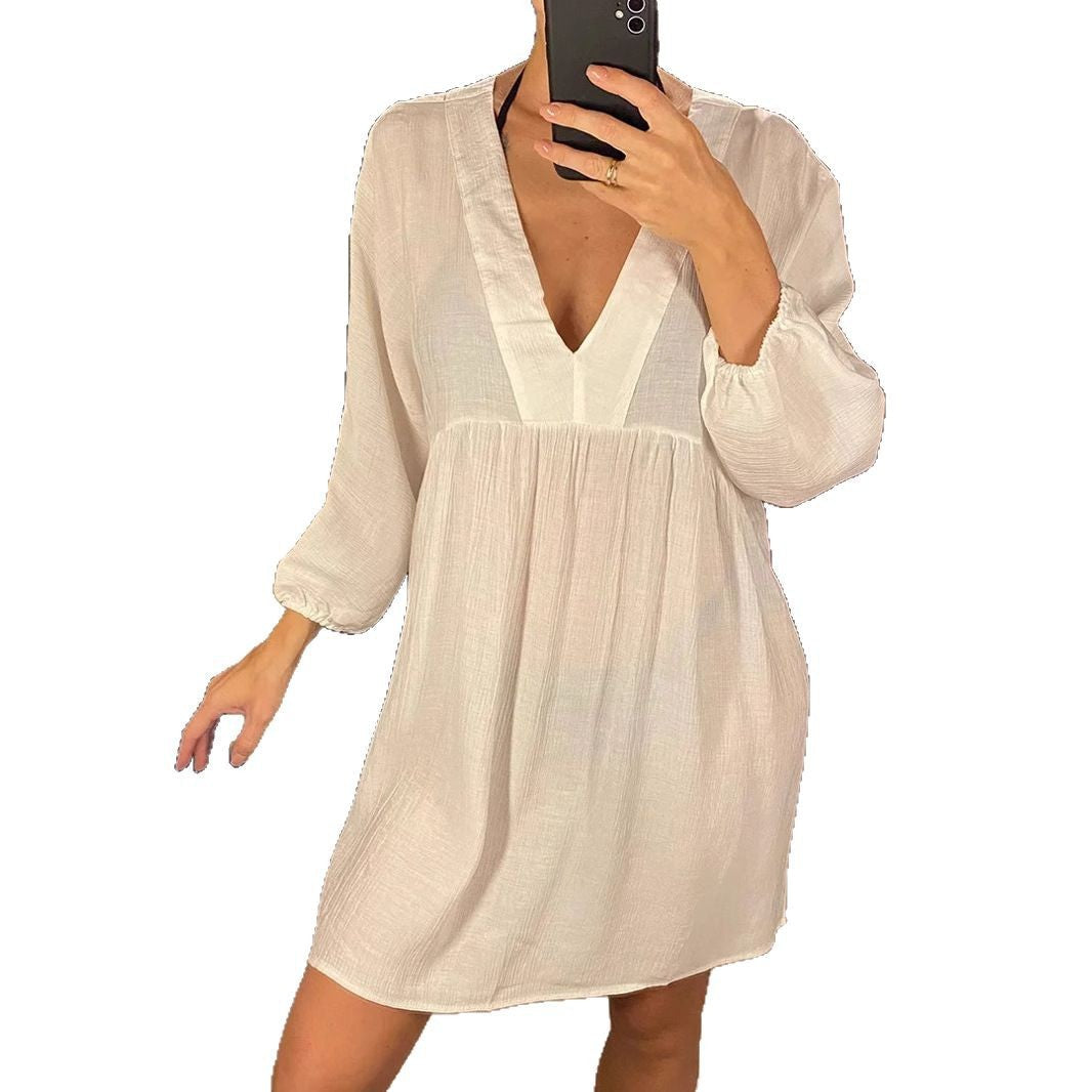 Damen luftiges Minikleid mit V-Ausschnitt und langen Ärmeln W&W Mode