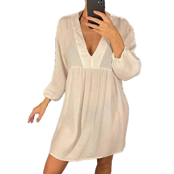Damen luftiges Minikleid mit V-Ausschnitt und langen Ärmeln W&W Mode