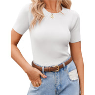 Damen figurbetontes T-Shirt mit feiner Rippstruktur und Rundhalsausschnitt WW
