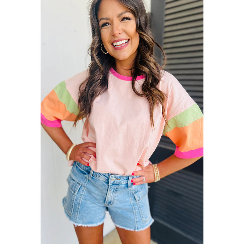 Damen lässiges T-Shirt mit bunten Ärmeln WW