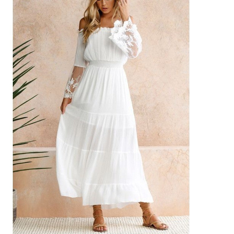 WW | Off-Shoulder Spitze Eingesetzte Glockenärmel Maxikleid
