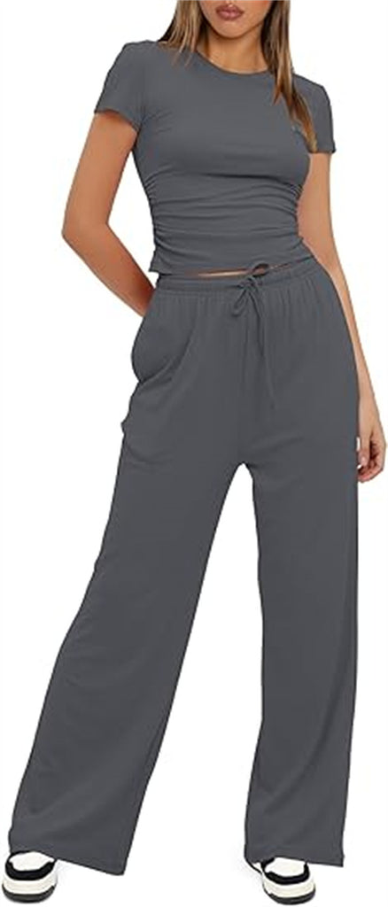Damen lässiger Zweiteiler mit cropped Oberteil und weitem Beinkleid WW