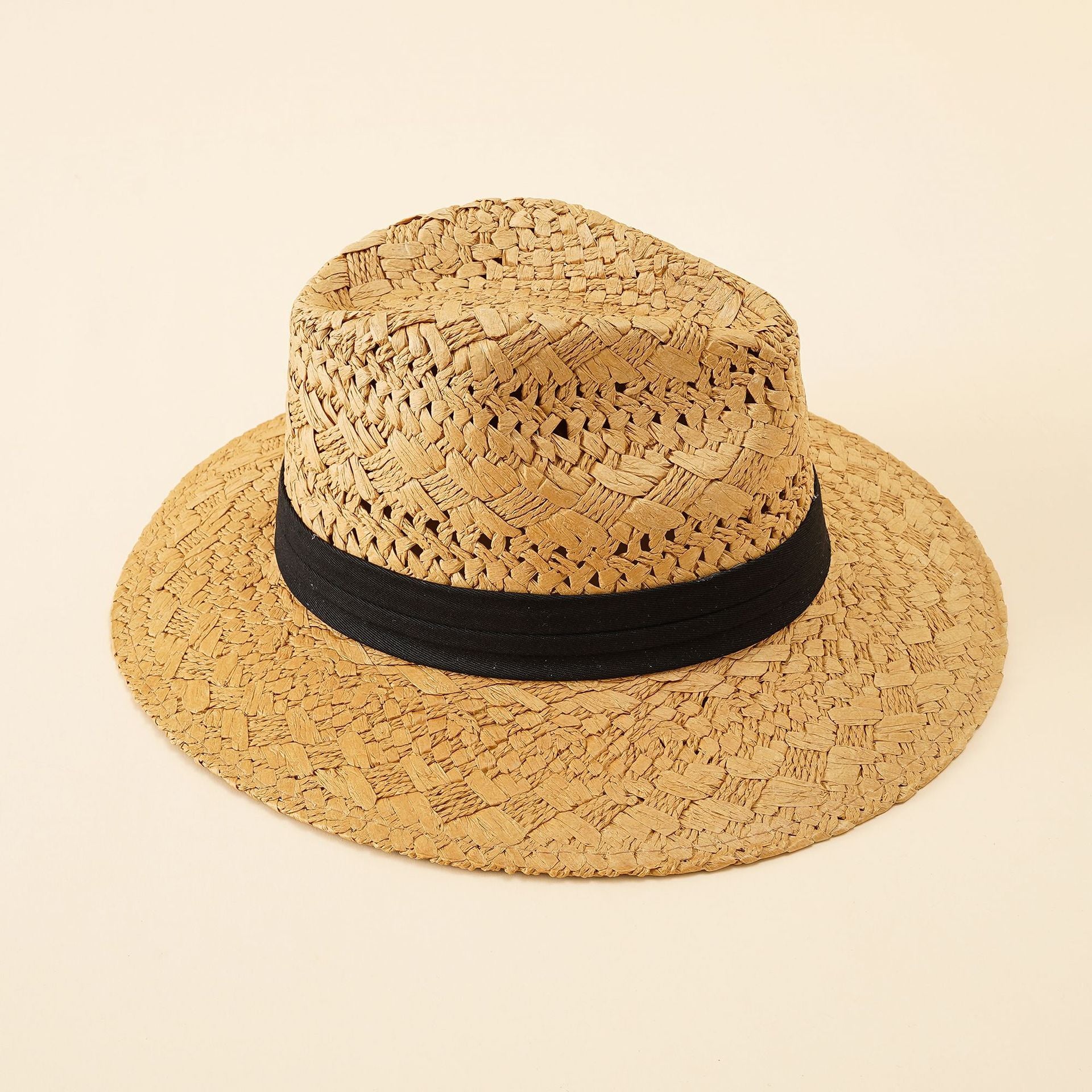 Damen Strohhut im klassischen Fedora-Stil mit breiter Krempe und elegantem Band WW