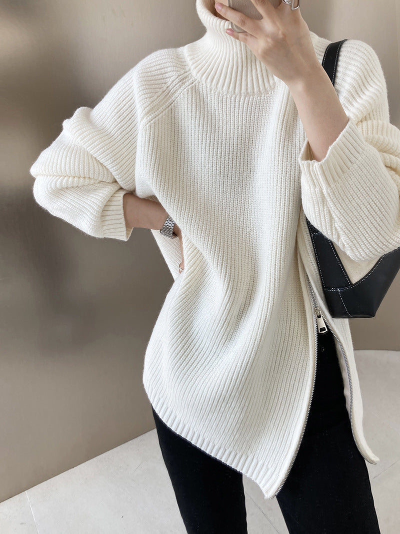 W&W Mode Rollkragenpullover mit Seitenschlitz einfarbig gestrickt