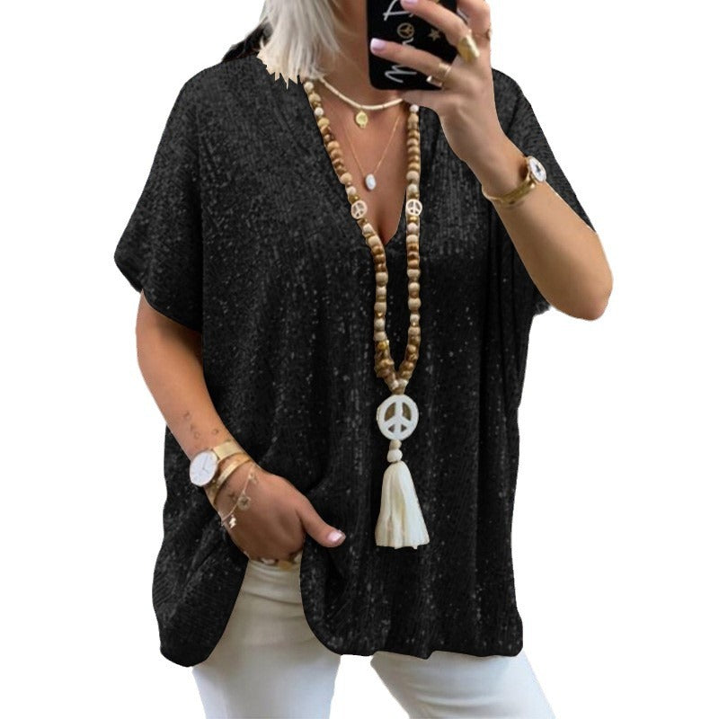 Damen Funkelndes Oberteil mit elegantem V-Ausschnitt und leichtem Schnitt W&W Mode