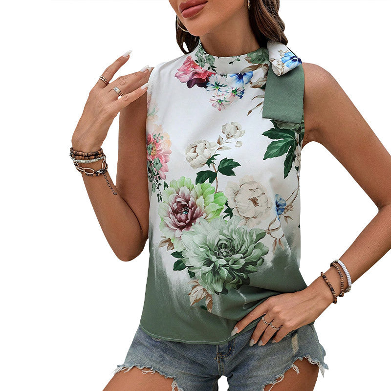 Damen ärmelloses Oberteil mit floralem Seidenstoff und elegantem Stehkragen WW