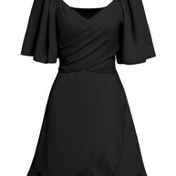 WW | Lässiges Kreuz V-Ausschnitt Kurzarm Wickel Einfarbig Mini Kleid