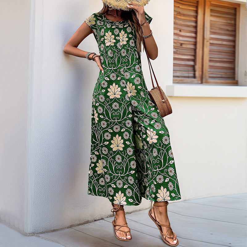 Damen Jumpsuit mit floralem Design und kastanienbraunem Bindegürtel WW