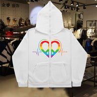 Damen sportlicher Kapuzenpullover mit buntem Herzmotiv und praktischen Taschen WW