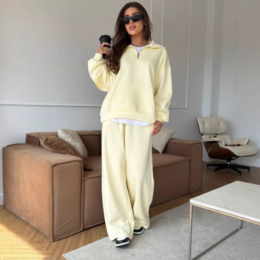 Damen bequemer und stylischer Fleece-Pullover mit halbem Reißverschluss und weiten Hosen WW