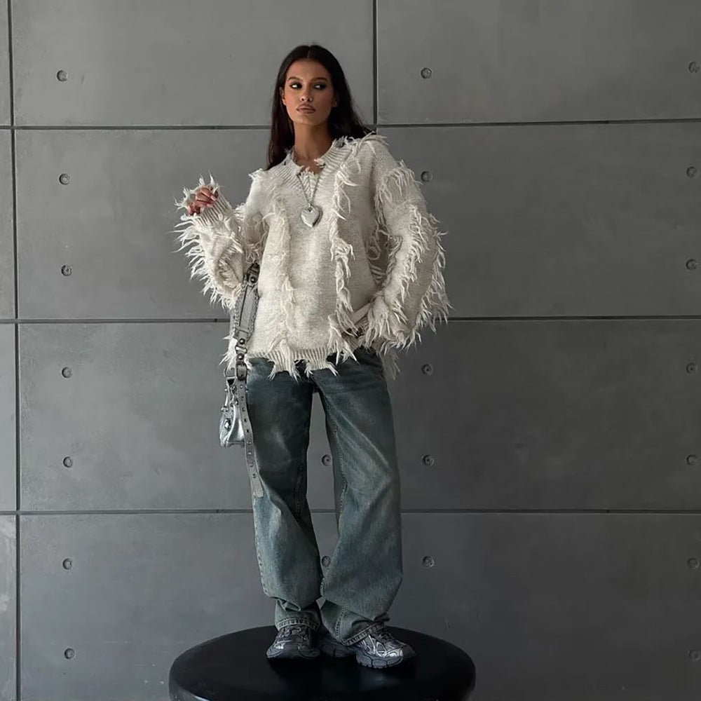 Damen Strickpullover mit lässigem Fransen-Design WW