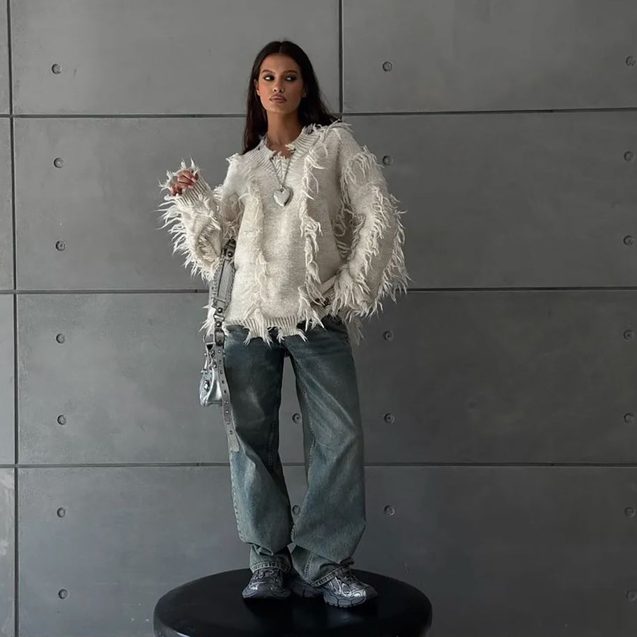 Damen Strickpullover mit lässigem Fransen-Design WW