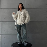 Damen Strickpullover mit lässigem Fransen-Design WW