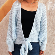 Damen Strickjacke mit verspieltem Bindegürtel und voluminösen Ärmeln WW