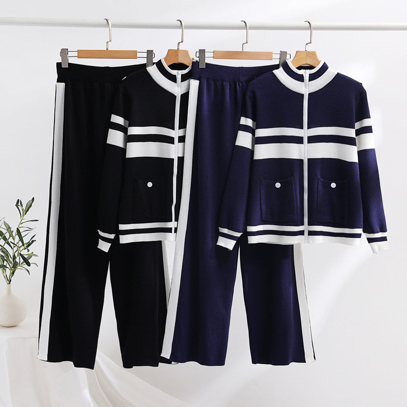 Damen sportliches Strick-Loungewear-Set mit geripptem Design und praktischen Taschen WW
