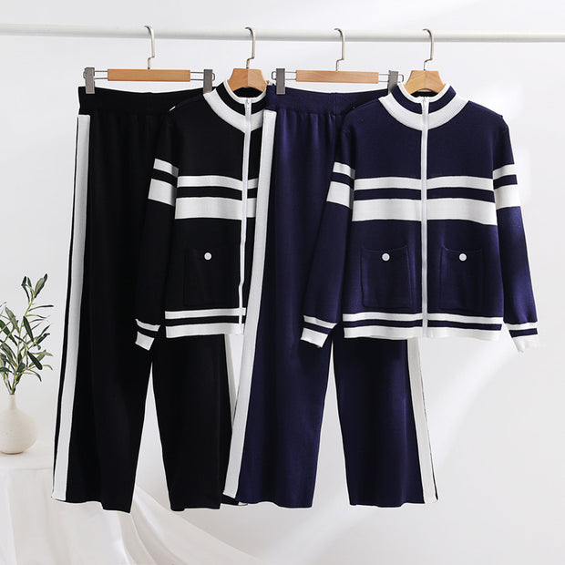 Damen sportliches Strick-Loungewear-Set mit geripptem Design und praktischen Taschen WW