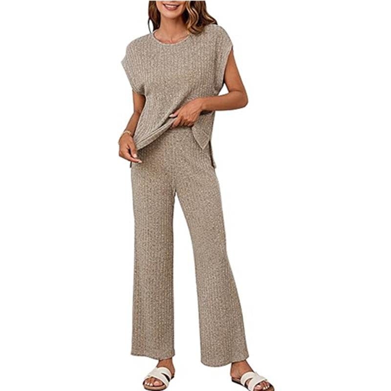 Damen Bequemes Strick-Loungewear-Set mit weiten Ärmeln und lockerer Passform WW