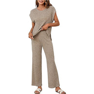 Damen Bequemes Strick-Loungewear-Set mit weiten Ärmeln und lockerer Passform WW