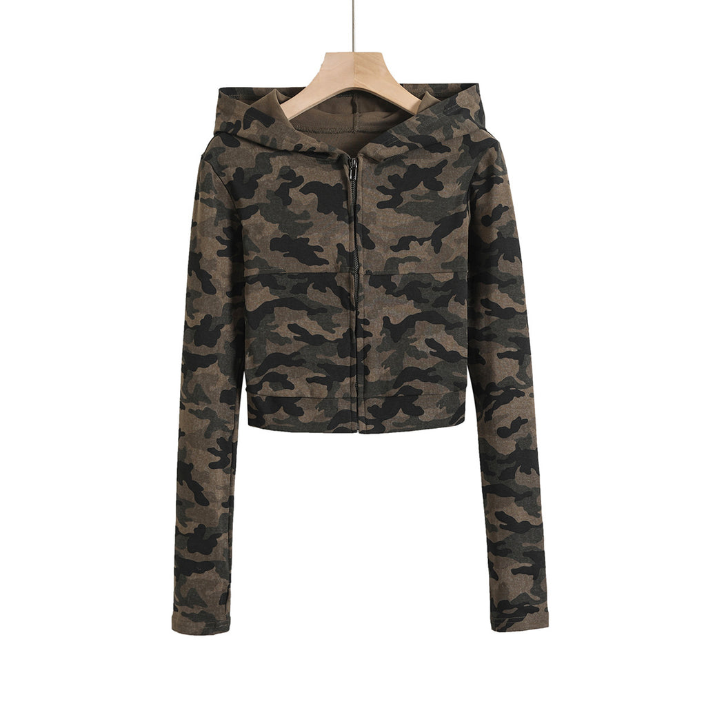 Damen cropped Kapuzenjacke mit trendigem Camouflage-Design und praktischem Reißverschluss WW