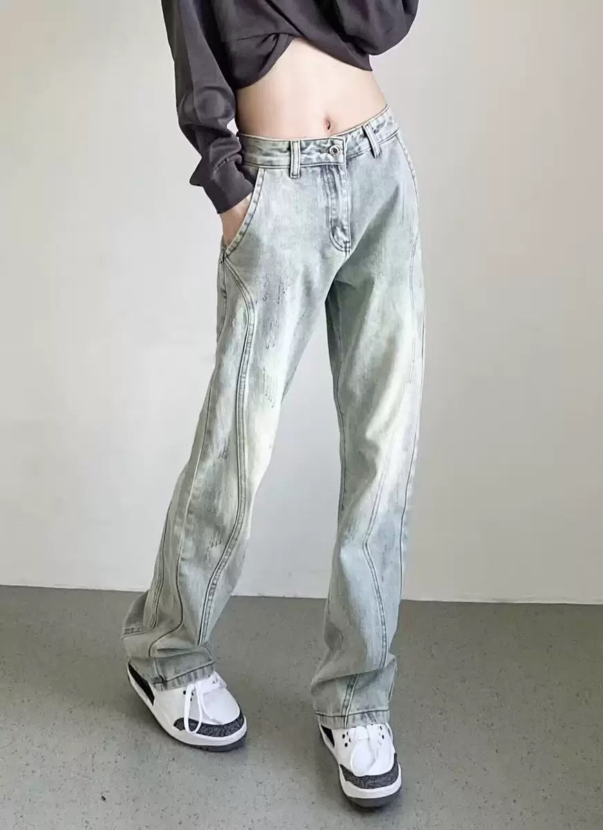 Damen weite High-Waist Denim-Jeans mit distressed Optik und bequemen Seitentaschen WW