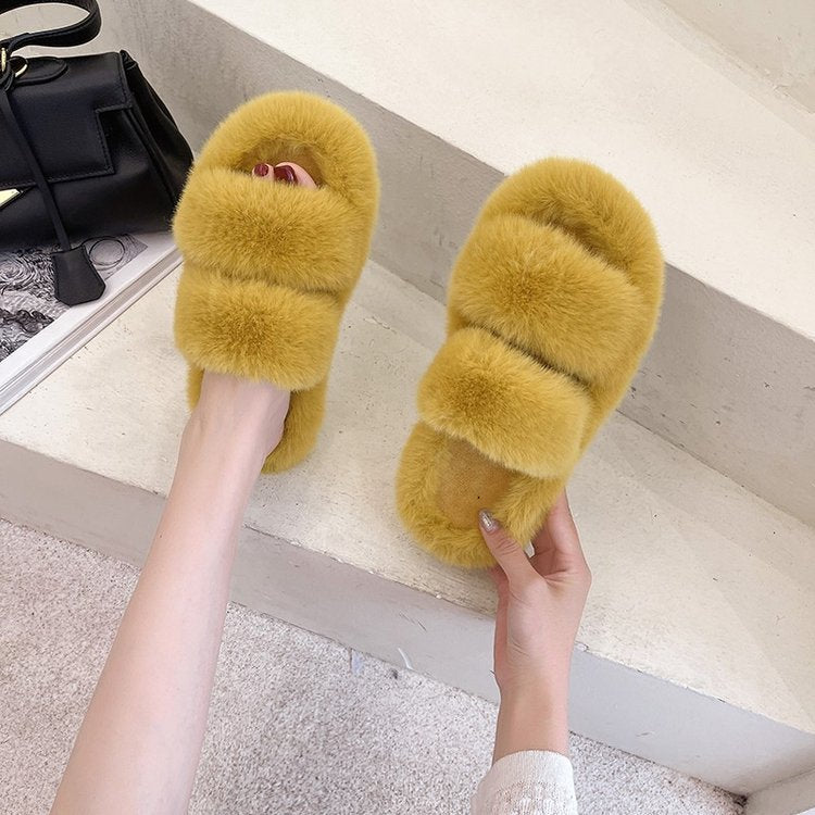 Damen Flauschige Hausschuhe mit doppeltem Riemen und weichem Innenfutter W&W