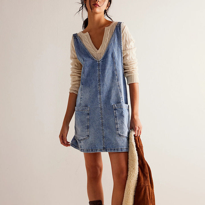 W&W Mode | Denim Träger Pocket Verstellbares Mini Kleid