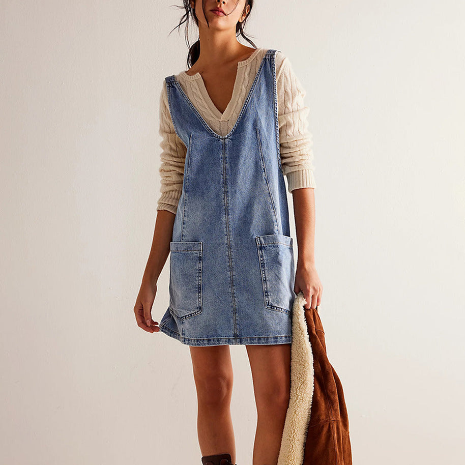 WW | Denim Träger Pocket Verstellbares Mini Kleid