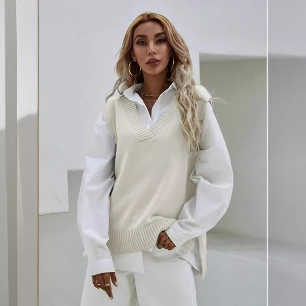 Damen Strickweste mit V-Ausschnitt und modernen Details WW