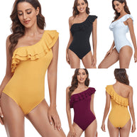Damen Einteiler Badeanzug mit asymmetrischem Schnitt und voluminösem Rüschendetail WW