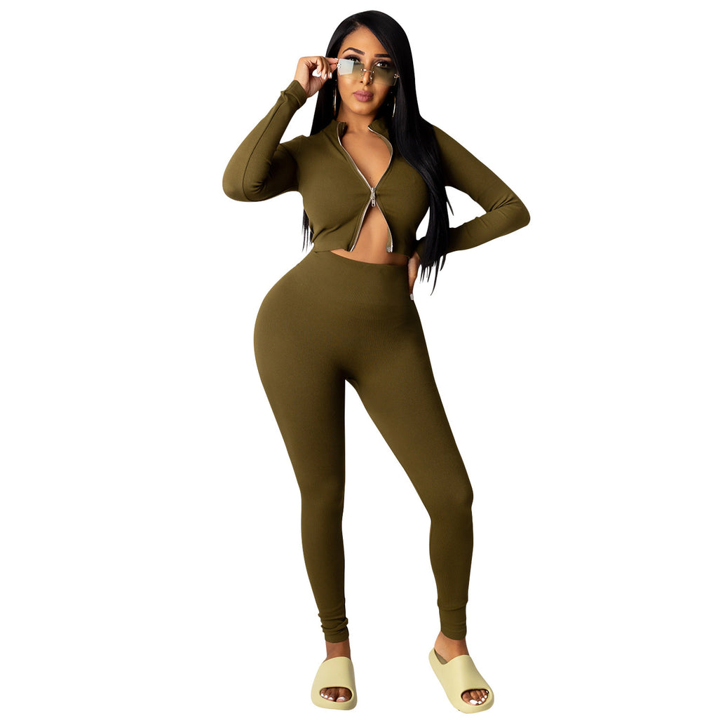 Damen Crop-Top und High-Waist Leggings Set mit Reißverschluss WW