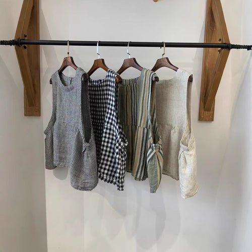 Damen Relaxed Fit Ärmelloses Leinenoberteil mit Seitentaschen WW