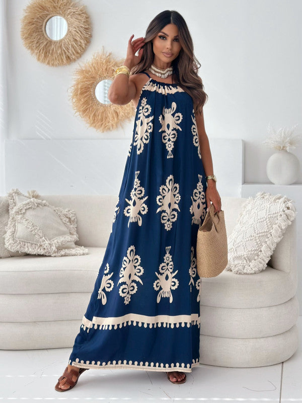 Damen Hals-Würgerei Bohemian Maxi Kleid WW